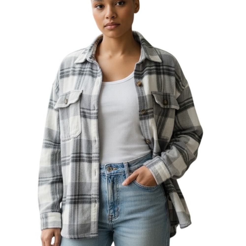 Hollister Y2K Boyfriend Fit Plaid Flannel Shirt Jacket Women's Size M Grey White